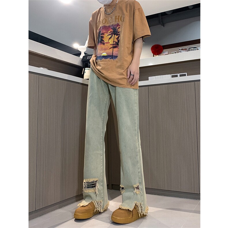 现货 黄泥美式vibe裤高街黑色破洞微喇直筒毛边牛仔裤男 K890-P55图片