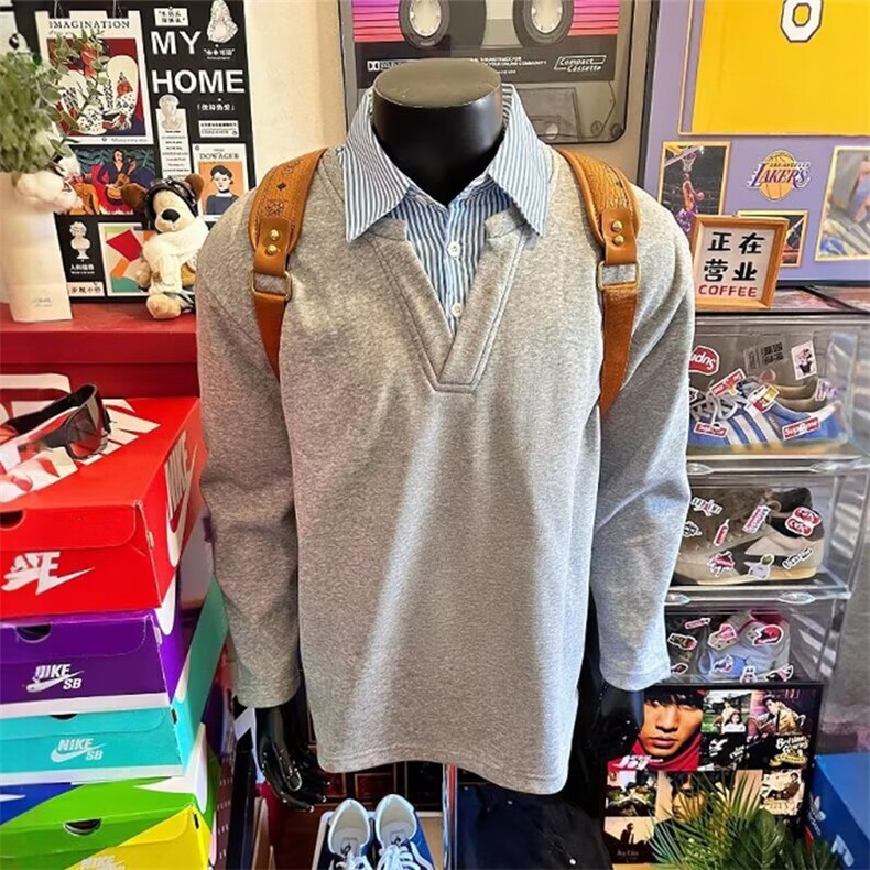 美式假两件衬衫领卫衣男士春秋季新款潮牌重磅长袖T恤LW7722-P45，男装T恤，星座1008