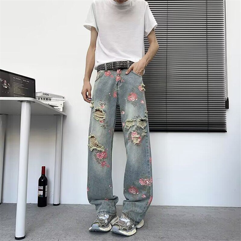 美式高街花卉破洞牛仔裤男款夏季高级感显瘦裤子玫瑰满印直筒长裤,男装牛仔裤,星座813-2