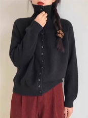 高领慵懒针织新款开衫圆领长袖衫爱心毛衣宽松上衣外套，女装针织衫/毛衣，春贝羊绒