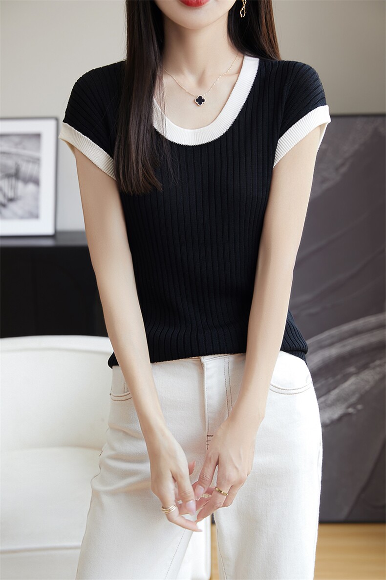 冰丝针织短袖t恤女2024新款爆款夏季薄款修身莱赛尔天丝小衫上衣,针织衫/毛衣,朝思羊绒