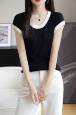 冰丝针织短袖t恤女2024新款爆款夏季薄款修身莱赛尔天丝小衫上衣，女装针织衫/毛衣，朝思羊绒