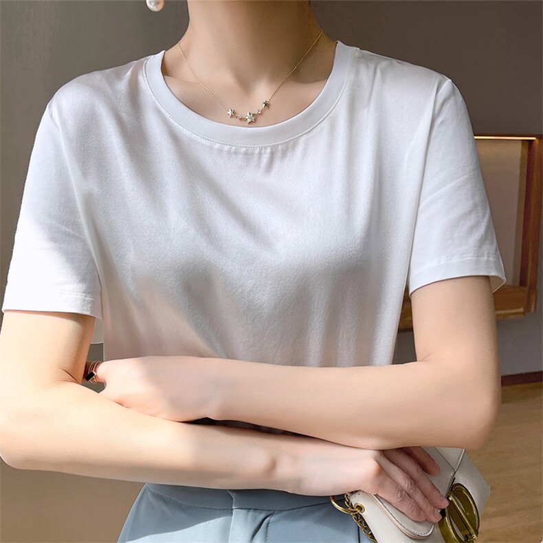 重磅真丝t恤女短袖印花桑蚕丝白色圆领小衫2024夏装半袖短款上衣图片