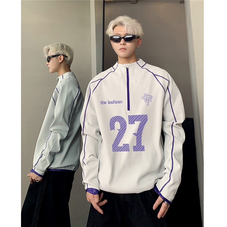 紫色美式明线运动长袖T恤男秋季半拉链卫衣户外登山骑行服,男装T恤,电商C307