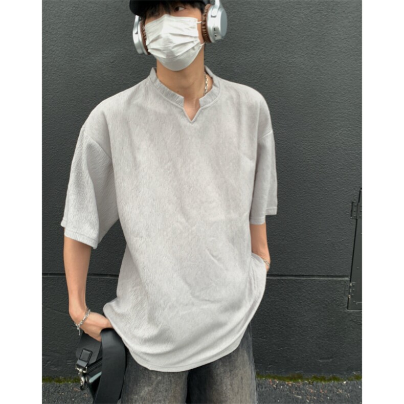 2026夏装V领短袖条纹T恤大码男纹理提花半袖T8608/特P20灰色2,男装T恤,电商A094