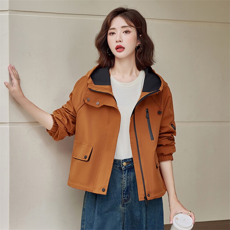 连帽风衣外套女2025春秋季新款时尚休闲冲锋衣减龄宽松工装夹克衫,女装短外套,依路服饰