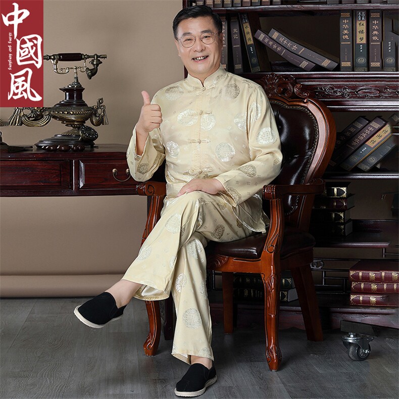 风中老年唐装男士春秋款福字长袖套装丝绸衬衫,男装中老年男装,钱塘723