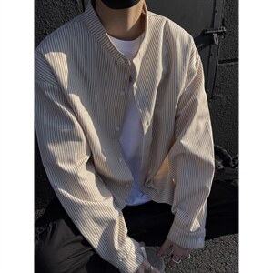 1506/QC660/P40黑白竖条纹衬衫男高级亨利领衬衣宽松痞帅长袖外套图片