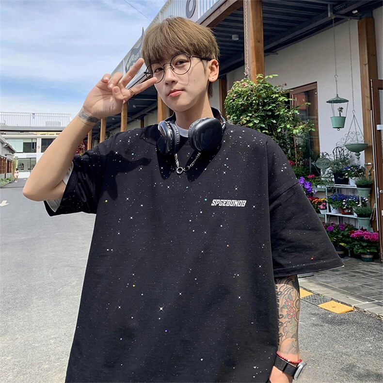 可48小时发货支持抖音得物来样二开美式满天星亮片短袖T恤MTX688,男装T恤,电商A486-1