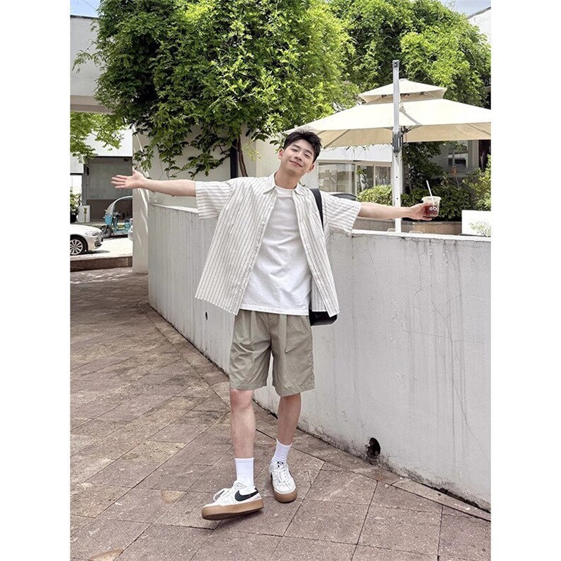 网图少年感穿搭条纹短袖衬衫男款夏季宽松慵懒风衬衣外套925P45,男装T恤,星座710