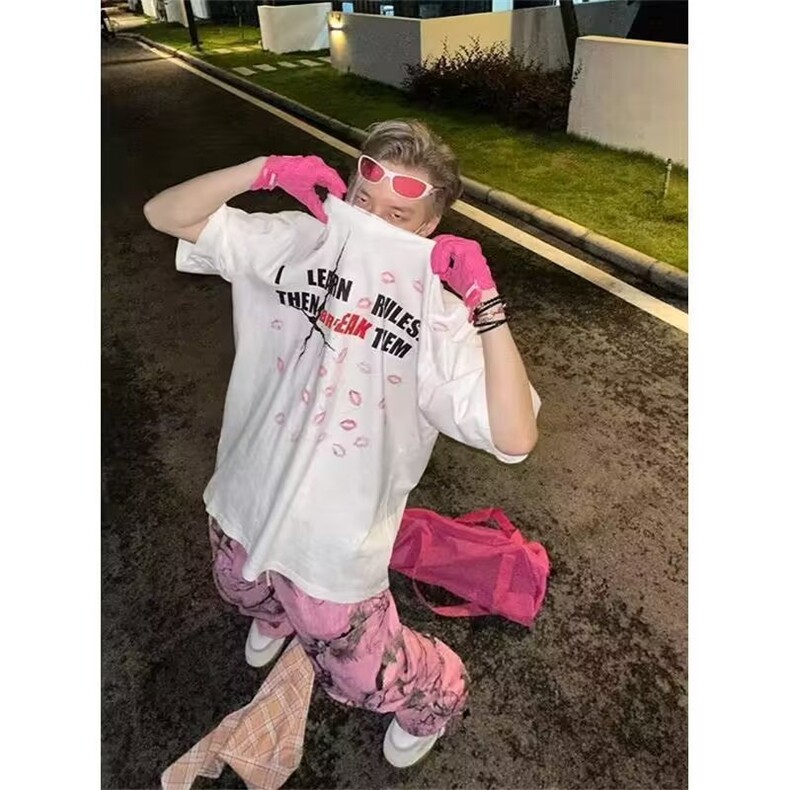 NO2025美式复古树枝涂鸦休闲裤男女宽松迷彩印花口袋直筒裤,男装休闲裤,四季星座505