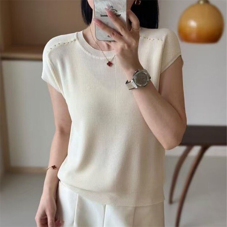 冰丝圆领套头飞袖针织衫女T恤2025夏季新款气质百搭薄款包肩上衣，女装T恤，萱芳婷羊绒