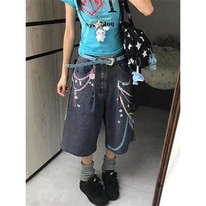 夏季新款港风美式高街3D直喷印花链条七分牛仔裤 ZK3911特批50图片