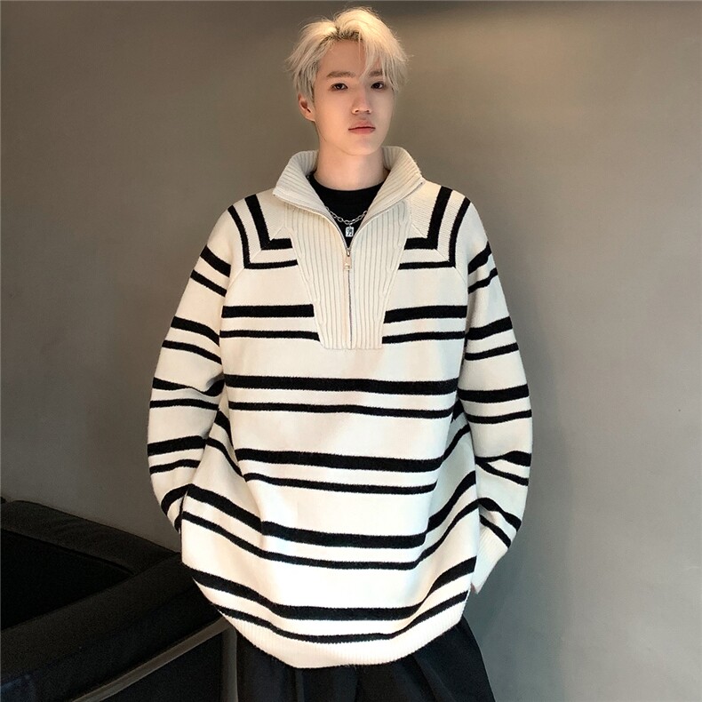 春秋季慵懒风落肩条纹撞色毛衣男休闲情侣半高领针织衫M34-P68图片