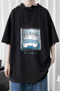 LD54148-P45 连帽短袖t恤男大码胖子带帽五分袖中袖图片