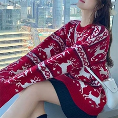 2025年秋季时尚百搭甜甜圈简约休闲麋鹿新年款圆领，女装针织衫/毛衣，萱芳婷羊绒