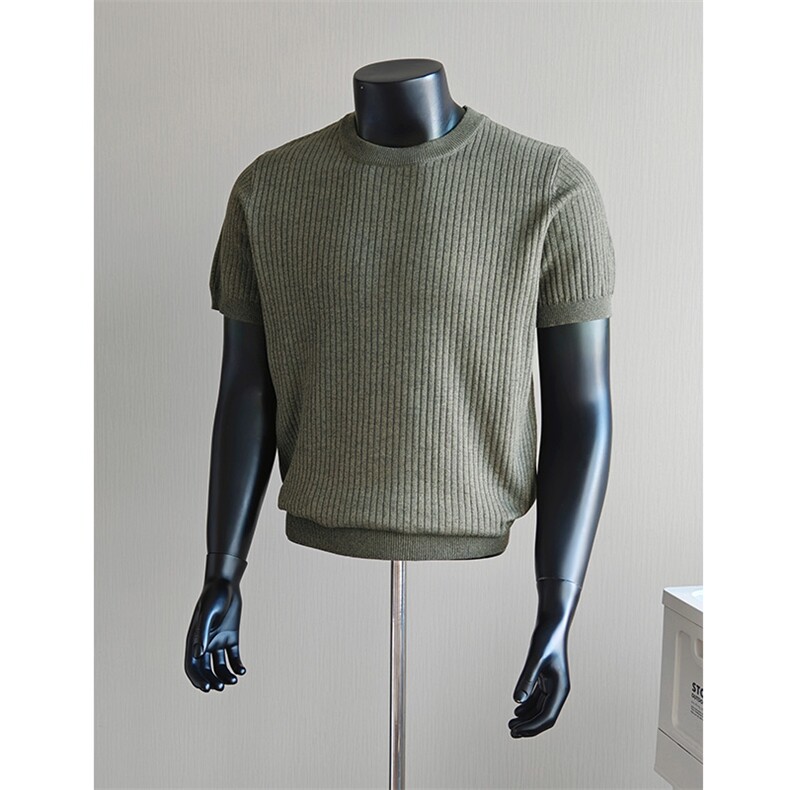 盗图老钱风坑条纹镂空冰丝圆领针织短袖T恤衫E77156/P55控78，男装T恤，电商A243