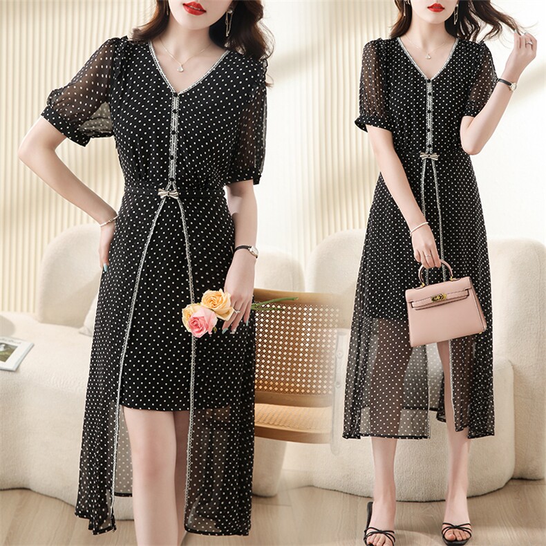 新款波点雪纺连衣裙女夏季显瘦气质V领短袖长裙轻熟风小黑裙，女装连衣裙，笃写
