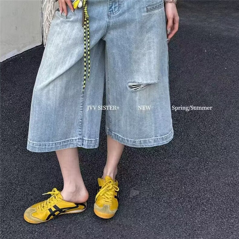 夏季浅色美式复古水洗蓝牛仔裤中裤高腰显瘦阔腿七分裤图片