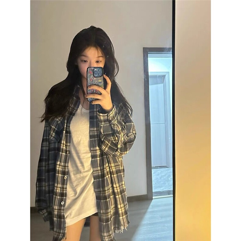 美式潮牌蓝色长袖格子衬衫男女生宽松百搭复古休闲慵懒感衬衣外套,男装衬衫,星座1210-1