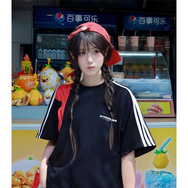 抖音得物供货240克宽松纯棉美式潮牌印花三杠全带短袖T恤AT1402,男装T恤,电商A443