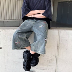 复古七分牛仔短裤男女新款小狗刺绣裤子宽松显瘦百搭休闲阔腿裤，男装牛仔裤，星座410-6（原星座1304-1）