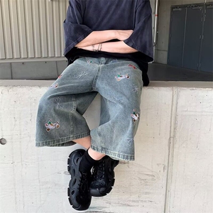 复古七分牛仔短裤男女新款小狗刺绣裤子宽松显瘦百搭休闲阔腿裤图片