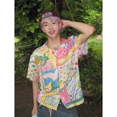 泰式慵懒度假风油画衬衫男女夏季短袖宽松休闲冰丝防晒衬衣薄外套，男装衬衫，星座601-1