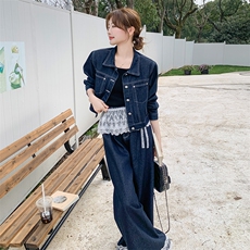 秋装后面开叉上衣+花边阔腿牛仔裤两件套2C050-1231-P195-K288，女装套装/套裙，2C050
