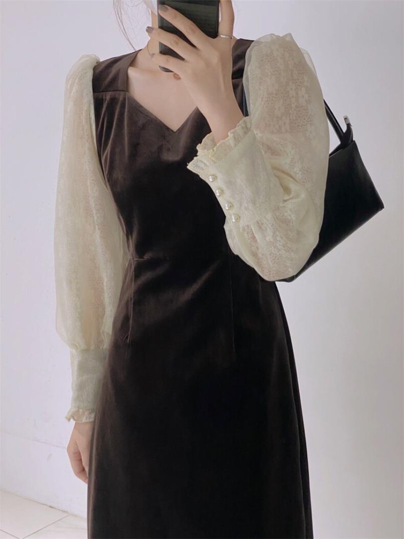 丝绒拼接袖连衣裙，女装连衣裙，驿谷