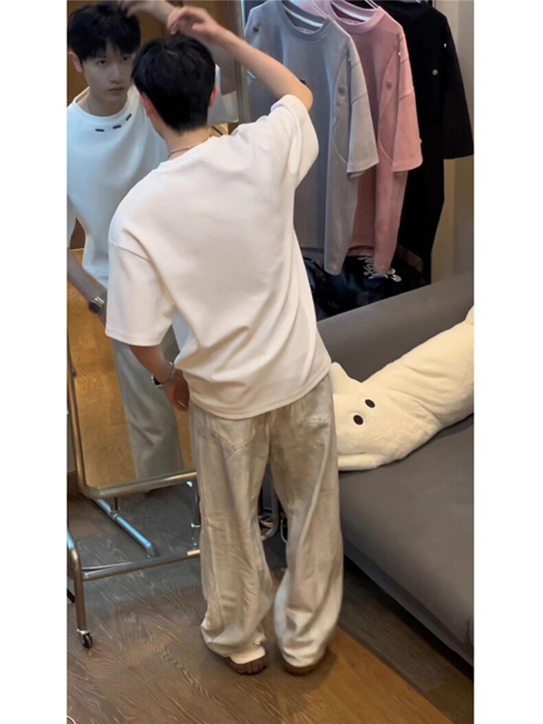 抖音得物品质二开240克宽松纯棉美式高街痞帅潮牌金属装饰短袖T恤,男装T恤,电商A486