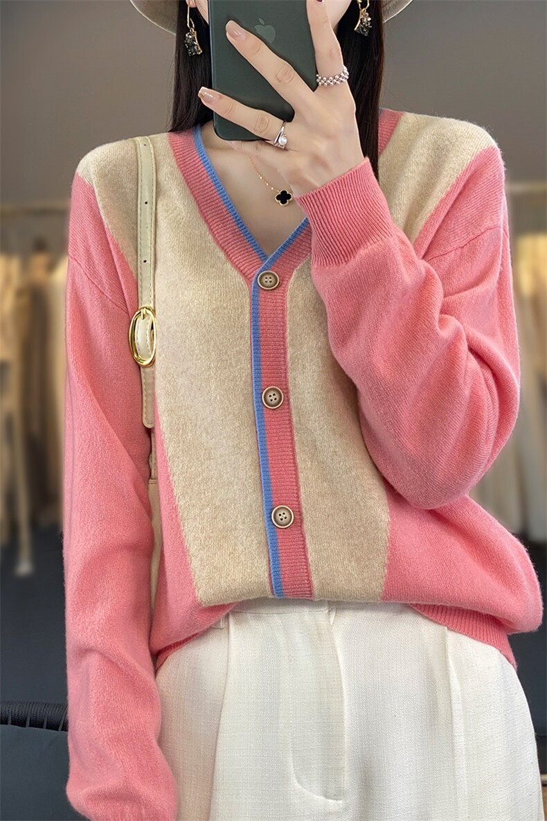 拼色V领100%纯羊毛开衫女25秋冬新款宽松羊绒衫外套长袖针织毛衣,女装羊毛衫,琳尚羊绒