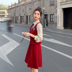 《现货新品》3色可选拼接条纹假两件衬衫甜美可爱学院风连衣裙图片