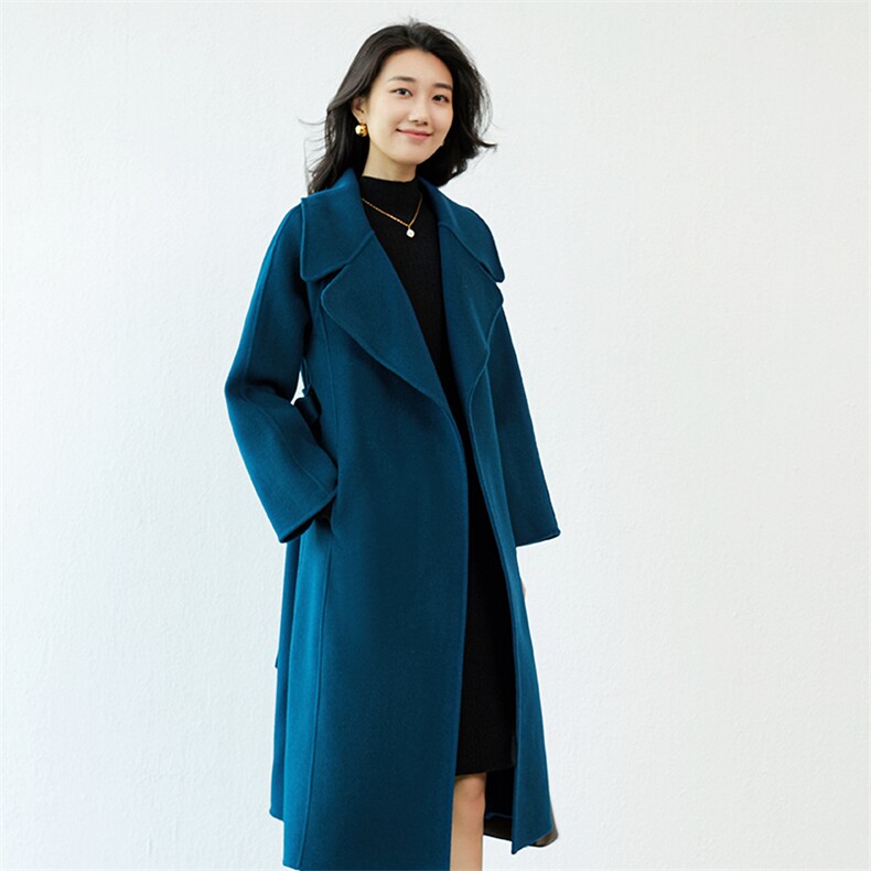 羊毛双面大衣女秋冬中长款系带显瘦外套，女装毛呢外套，高哲羊绒