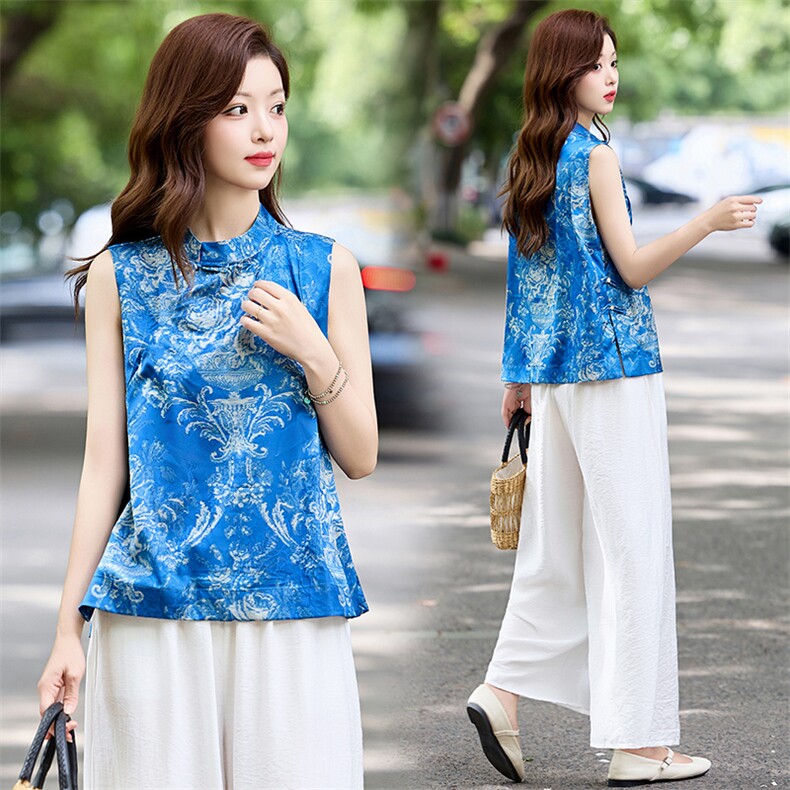 新中式风套装女2025夏季新款气质提花盘扣无袖背心阔腿裤两件套，女装套装/套裙，木橙西子