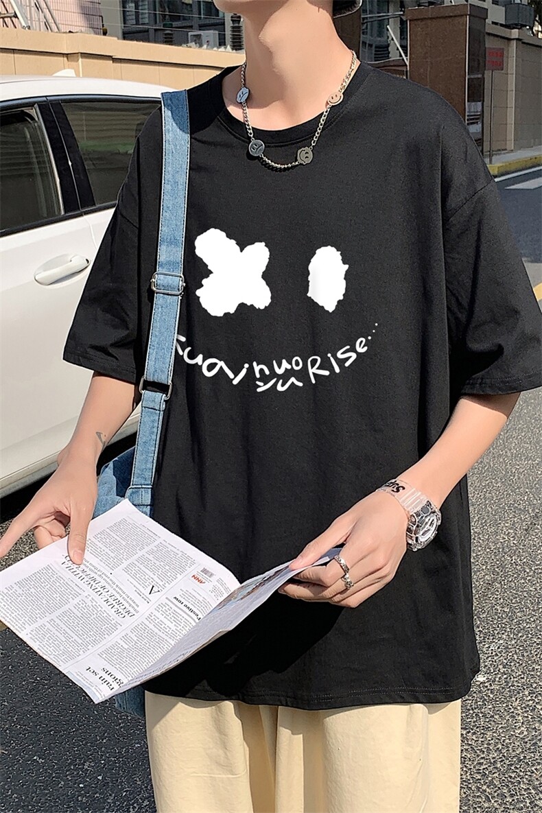 T1795P25港风室外纯棉2021男线条笑脸英文印花短袖T恤宽松T恤,男装T恤,星座510A-1