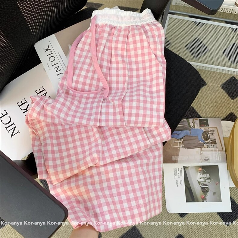 AK2397-p40粉色格子裤女春秋2026年新款夏季多巴胺垂感阔腿裤子,女装休闲裤,星座617A-2