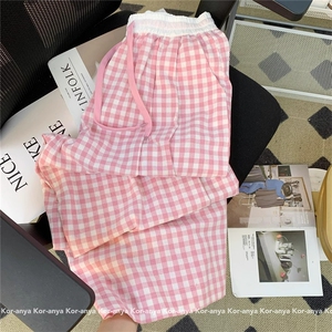 AK2397-p40 粉色格子裤女春秋2026年新款夏季多巴胺垂感阔腿裤子图片