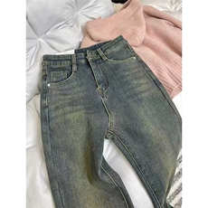 辣妹复古加绒加厚微喇牛仔裤女2025冬季新款高腰不贴腿显瘦喇，男装牛仔裤，星座302B-2