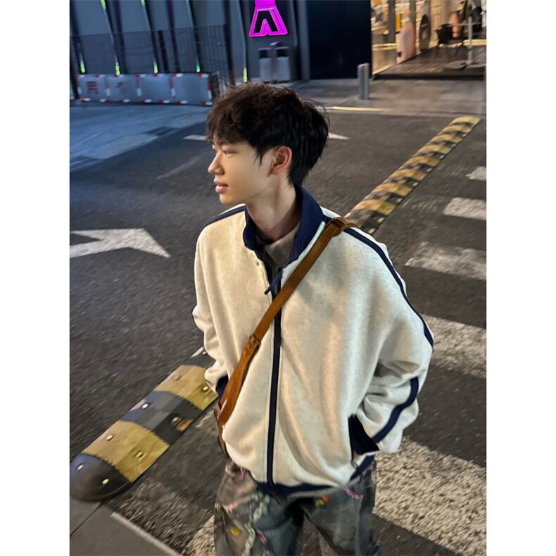 C316WY5086P78秋冬新款拼接撞色长袖卫衣开衫立领外套白色,女装短外套,电商C316