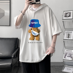 LD54288-P45NASA 连帽短袖t恤男大码胖子带帽五分袖中袖图片