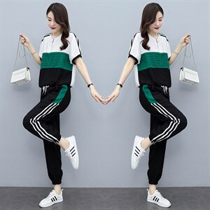 休闲运动套装女夏季2021新款韩版潮牌时尚短袖长裤气质宽松两件套图片