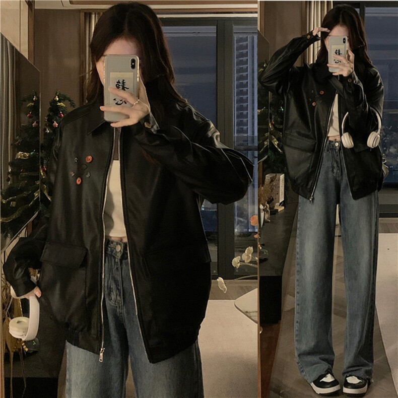 复古皮衣外套女春秋宽松显瘦百搭设计感纽扣装饰机车服潮C705-110图片