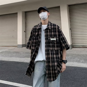 ins新款时尚文艺五分袖方领男潮标准拼色衬衫K588P42图片