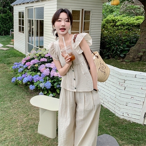 小香风飞袖套装裤女夏2024新款甜美奶乖松弛感穿搭阔腿长裤两件套图片