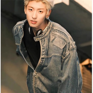 春秋日系复古刺绣水洗牛仔外套男BF风宽松立领休闲工装上衣服夹克图片