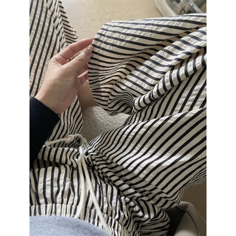 黑白竖条纹裤男女夏季休闲宽松小个子遛弯裤慵懒冰丝阔腿裤K9545,男装休闲裤,星座1116A（原606A-3）
