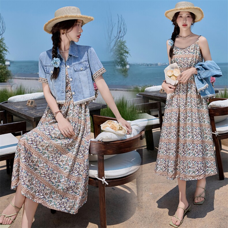 2025年夏季新品现货波西米亚印花吊带连衣裙+牛仔短袖两件套，女装套装/套裙，臻衣坊