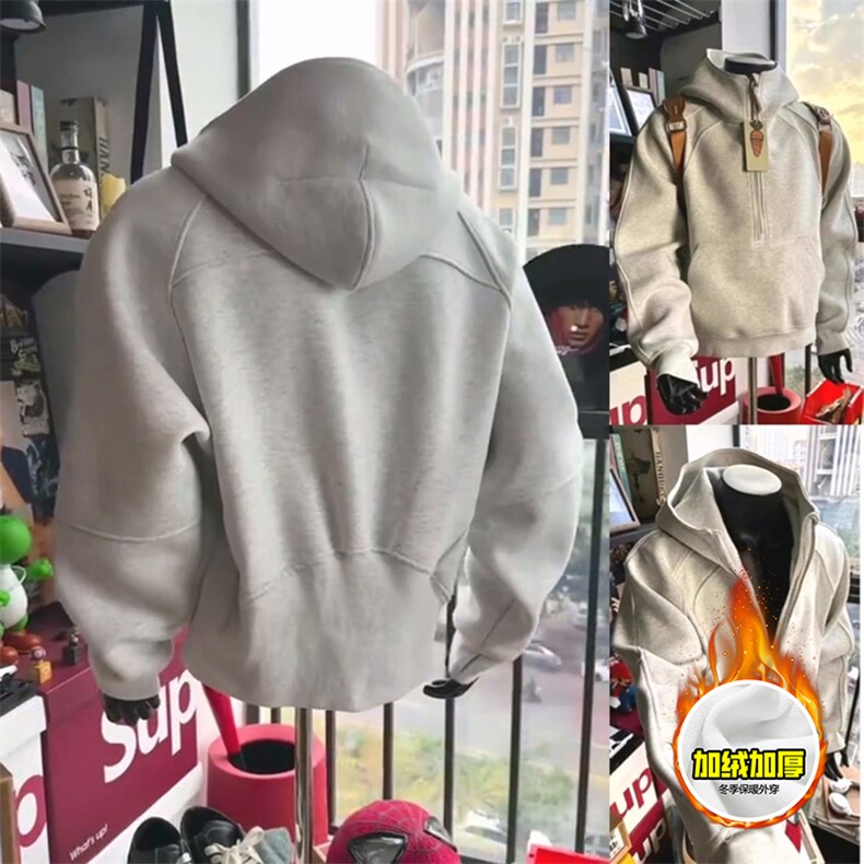 480G重磅加绒硬挺boxy男女秋冬美式高街结构半拉链卫衣开衫厚外套,女装短外套,电商A486