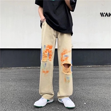 破洞扎染牛仔裤男潮牌设计感高街嘻哈潮流宽松工装裤N0927-P55，男装牛仔裤，星座308B-1